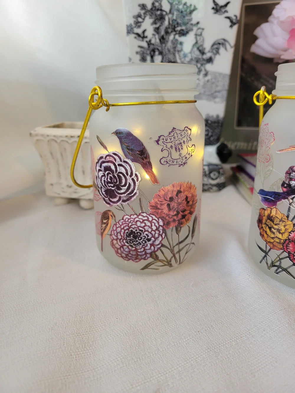 Frosted Glass Jar Fairy Light Holders with Flowers